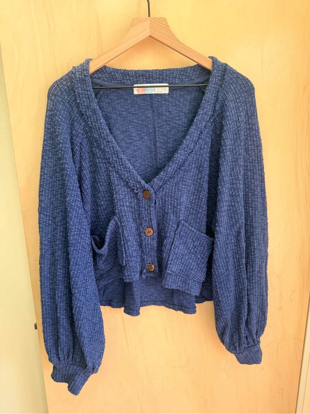 FP Beach Cozy Navy Waffle-Knit Button Cardigan